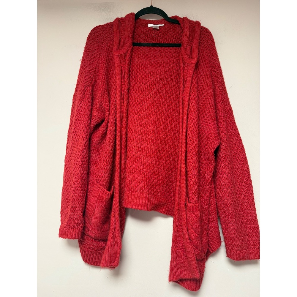 CJ Banks Cardigan Women 1X Red Excellent Hooded Open Front Chunky Knit 8573